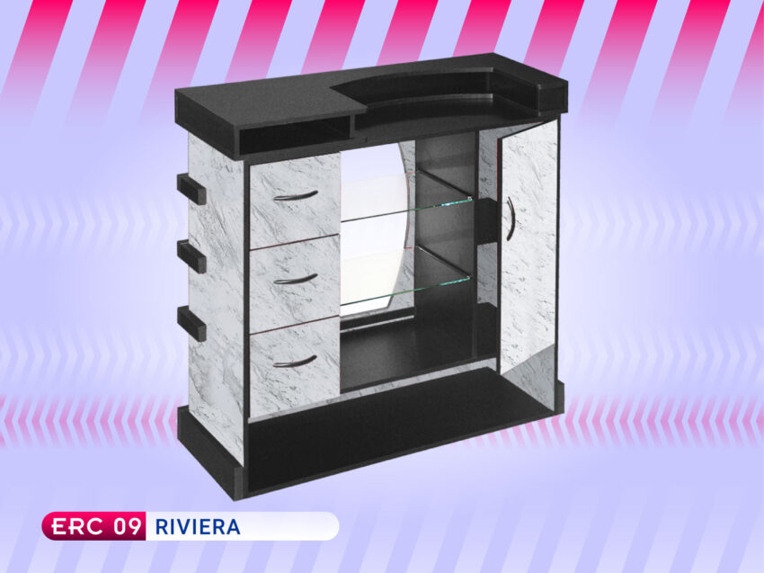 Mueble recepción con vitrina para estética Riviera